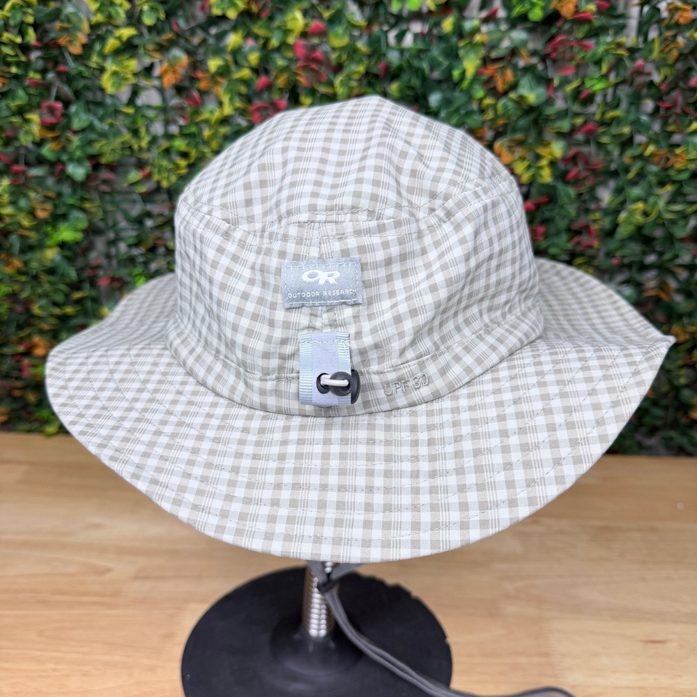 Outdoor Research Kids Gingham Plaid Bucket Sun Hat UPF 30 Tan White Large 6-12Y